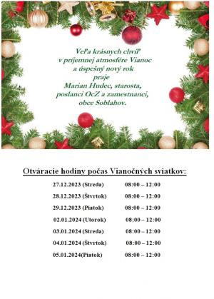 Otváracie hodiny počas Vianočných sviatkov