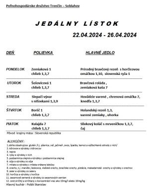 Poľnohospodárske družstvo Trenčín – Soblahov- Jedálny lístok 