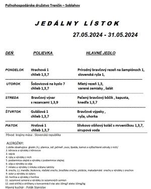  Jedálny lístok 27.05.-31.05.2024