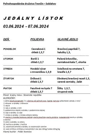 Jedálny lístok 03.06.-07.06.2024