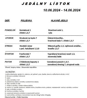 Jedálny lístok 10.06.-14.06.2024