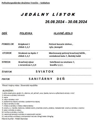 Jedálny lístok 26.08.-30.08.2024