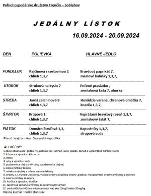 Jedálny lístok 16.09.-20.09.2024