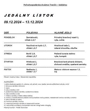 Poľnohospodárske družstvo Trenčín – Soblahov Jedálny lístok 9.12.- 13.12.2024