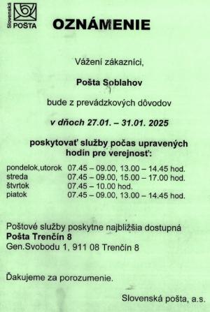 Pošta Soblahov - obmedzenie v dňoch 27.01.-31.01.2025